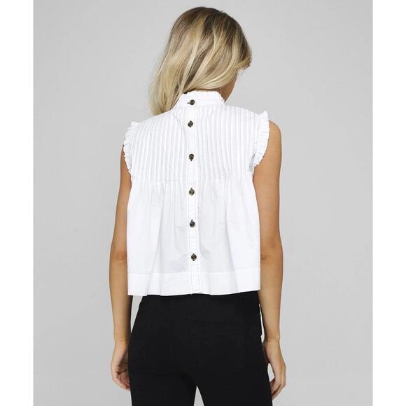 Ganni White Pintucked Ruffle Mock Neck Back Button Up Babydoll Blouse Top Size 8 - Picture 4 of 15